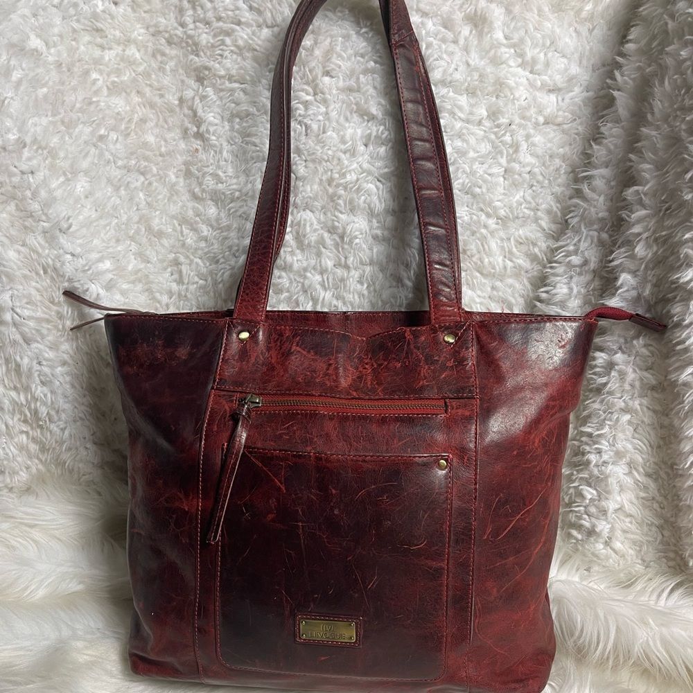 Levogue Burgundy Genuine Leather Large Shoulder Tote Bag.